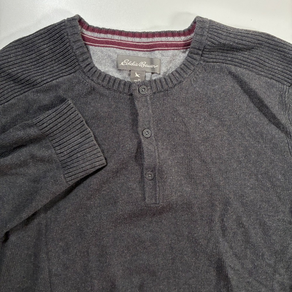Eddie Bauer Henley Sweater XL Charcoal Gray Ribbed Cotton Pullover Hiking